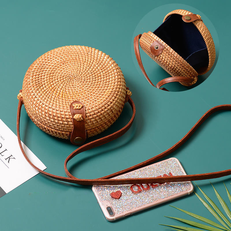 Boho Handwoven Natural Rattan Wicker Cross Body Bag With Sun Pattern Design  - Feel Good Decor